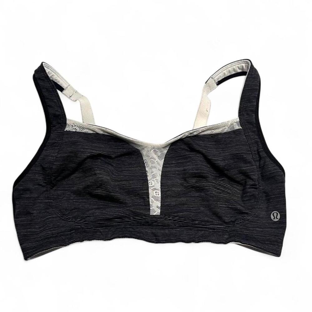 Lululemon Ta Ta Tamer II black sports bra with gray lace trim